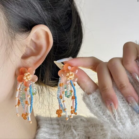 NEW Evaline Colorful Beaded Flower Statement Earrings Red Blue Pink - Picture 2 of 4